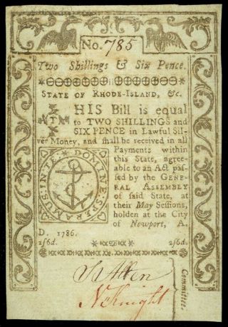 May,  1786 Rhode Island Colonial 2 Shillings & 6 Pence Currency Note Ri - 293 Vf