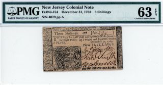 Jersey Colonial Note,  3 Shillings,  December 31,  1763 Pmg 63 Epq