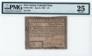 Jersey Colonial Note,  $3,  June 9,  1780 Pmg 25