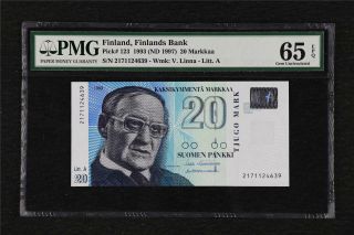 1993 Finland Finlands Bank 20 Markkaa Pick 123 Pmg 65 Epq Gem Unc