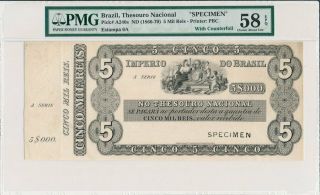 Thesouro Nacioal Brazil 5 Mil Reis (1866 - 70) Spec.  W/ Counterfoil Pmg 58epq