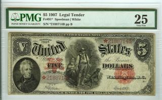 1907 $5 Legal Tender Star Note - Speelman/white - Pmg Vf25 Scarce