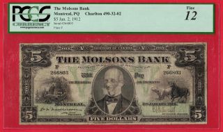 1912 $5 Canada Molsons Bank Chartered Note - Very Popular - Pcgs F - 12