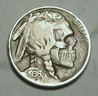 Hand Carved Hobo Nickel By John Hughey Real 1936 Coin Western Skull