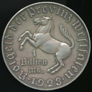 German Westphalia 1923 1 Billion Mark Silvered Bronze Notgeld Rare