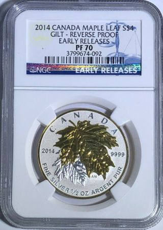 2014 Ngc Pf70 $4 Canada Silver Maple Leaf Gold Gilt Reverse Proof Early Release