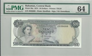 Bahamas 10 Dollars,  P 38a,  1974,  Pmg 64