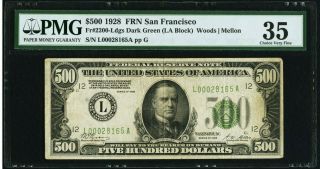 1928 $500 Federal Reserve Note Fr 2200 L San Francisco Pmg Choice Vf 35 - Pristine