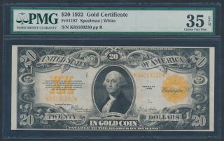 Fr1187 $20 1922 Gold Note Speelman / White Pmg 35 Epq Choice Vf Hv7079
