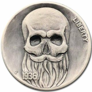 Hobo Nickel Coin 1936 Buffalo Bearded Skull Hand Engraved By Gediminas Palsis