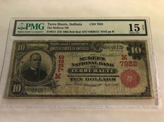 RARE 1902 RED S $10 McKeen National Bank Terre Haute,  Indiana PMG 15 Ch 7922 3
