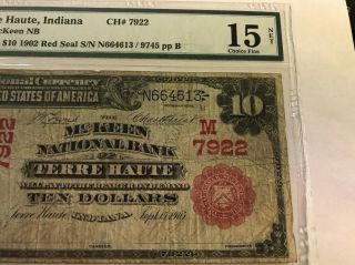 RARE 1902 RED S $10 McKeen National Bank Terre Haute,  Indiana PMG 15 Ch 7922 4