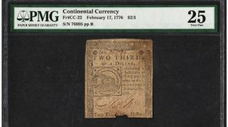 Feb 17,  1776 Continental Currency $2/3 Note Fr Cc - 22 - Pmg Vf25