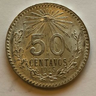 1945 50 Centavos Mexico Silver Coin 3