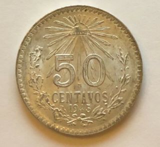 1945 50 Centavos Mexico Silver Coin 5