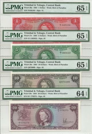 Trinidad And Tobago 1964 Set 1 5 10 20 Dollar P26a 27c 28c 29c Pmg Epq Qeii Bird