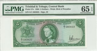 TRINIDAD AND TOBAGO 1964 SET 1 5 10 20 DOLLAR P26a 27c 28c 29c PMG EPQ QEII BIRD 5