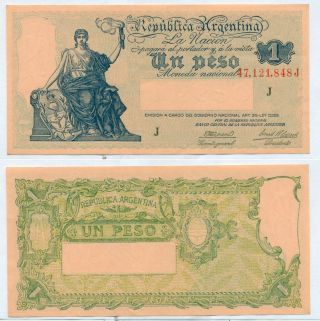 Argentina Note 1 Peso Serial J B 1828 Gagneux - Casares (1945) P 251d Xf