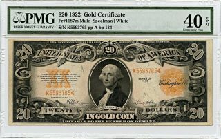 Fr.  1187m 1922 $20 Gold Certificate Pmg Choice Extremely Fine 40 Epq