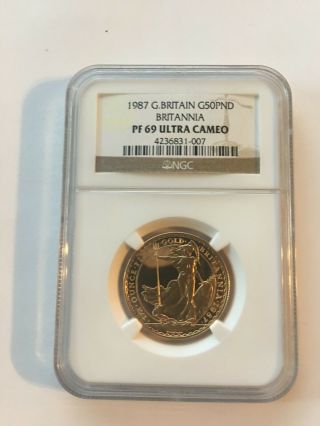 1987 G.  Britain 50 Pound Gold Britannia Ngc Pf69 Ultra Cameo 1/2 Oz.  Gold