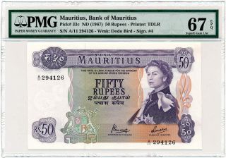 Mauritius - 50 Rupees 1967 P33c Queen Elizabeth Pmg Gem Unc 67 Epq