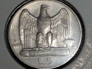 Italy Silver 1929 5 Lire Vittorio Emanuele Iii Imperial Eagle Roman Fasces Axe
