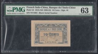 French Indochina 10 Cents 1919 (nd 1920 - 23) P - 43 Pmg63