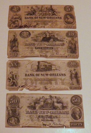 Very Rare Civil War Era 1862 Bank Of Orleans $5,  $10,  $20 And $50 Bank Notes