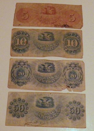 VERY RARE CIVIL WAR ERA 1862 BANK OF ORLEANS $5,  $10,  $20 AND $50 BANK NOTES 2