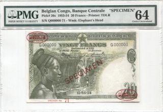 Belgian Congo Pick 26s 1953 - 54 20 Francs Tdlr Specimen Pmg 64