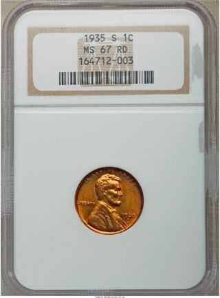 1935 - S Lincoln Wheat Cent 1c Ngc Ms67 Rd,  Tied Finest Known,  Pg = $9,  500