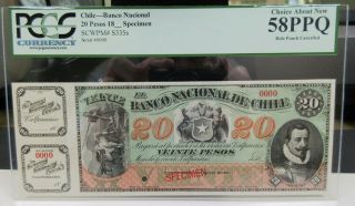 Chile.  Banco Nacional De Chile 1878 - 1879 Specimen 20ps P - S335s Pcgs Ch.  Au 58 Ppq