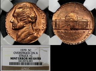 Usa Error - 1979 - 5c - Double Denomination Struck On Cent - Ngc Ms64 (a584)