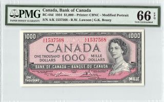 Canada 1954 Bc - 44d Pmg Gem Unc 66 Epq 1000 Dollars (lawson - Bouey)