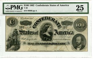 1862 $100 Confederate Currency T - 49 Pmg Very Fine 25