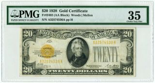 Fr.  2402 $20 1928 Gold Certificate Choice Very Fine 35 Pmg