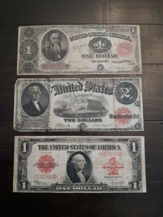 3 Different Red Seal 19th/ 20th Century Large Size Notes 1891 - $1,  1923 - $1,  1917 $2