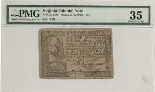 Colonial Virginia $4 Note,  1776,  Pmg Choice Very Fine 35