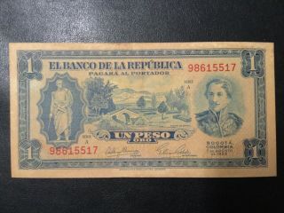 1953 Colombia Paper Money - One Peso Oro Banknote