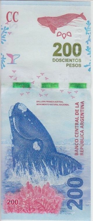 Argentina Banknote P.  200 Pesos,  Whale,  Series F,  Unc