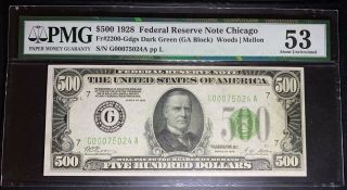 Fr2200 - G $500 1928 Frn Chicago Pmg Au53 Choice Au Five Hundred Dollar Bill Cash