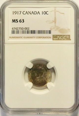 Canada - George V - Silver 10 Cents - 1917 - Ngc Ms63 - Monster Toning