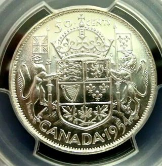 Pcgs Ms64 Secure - Canada 1954 Elizabeth Ii Silver 50 Cents Choice Bu Rare