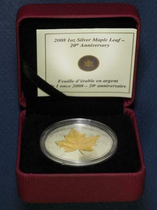 2008 Canada 20th Anniversary Gold Plated Silver Maple Leaf 1 Oz.  9999