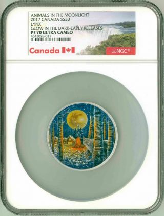 2017 Canada S$30 2 Oz Silver Animals In The Moonlight Lynx Ngc Pf70 Glow In Dark
