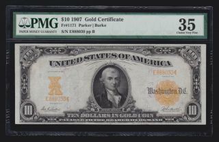 Us 1907 $10 Gold Certificate Fr 1171 Pmg 35 Ch Vf (- 030)