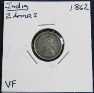 1862 2 Annas India British Empire,  Queen Victoria Old Silver Coin