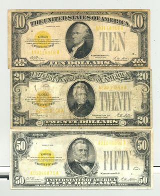 $10,  $20 And $50 Series 1928 Gold Certificate In Circulated