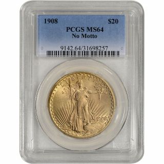 Us Gold $20 Saint - Gaudens Double Eagle - Pcgs Ms64 - 1908 No Motto