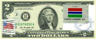 $2 Dollars 2013 Stamp Cancel Flag Of Un From Gambia Lucky Money Value $99.  95